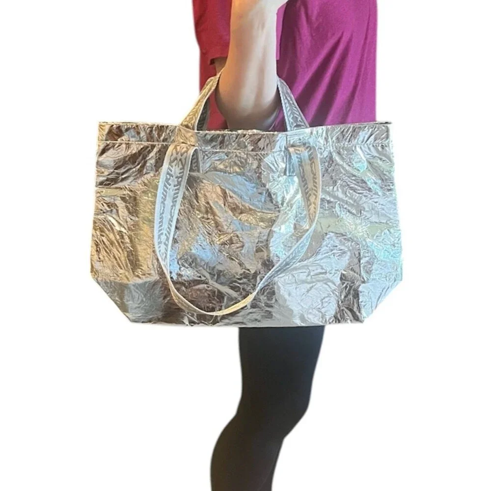 Tory Burch Metallic Silver Sublime Tote Bag with Patterned Straps